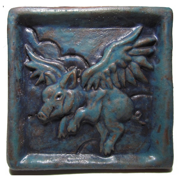 Ceramic Art Tile WHEN PIGS FLY - Antique Turquoise, 4x4 Handmade Ceramic Wall Art, This Tile Is Made To Order!