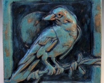 Raven Bird On A Wire Ceramic Wall Art Tile, Antique Turquoise, 4x4 Hand Made Old World Tile, This Tile Is Made To Order!