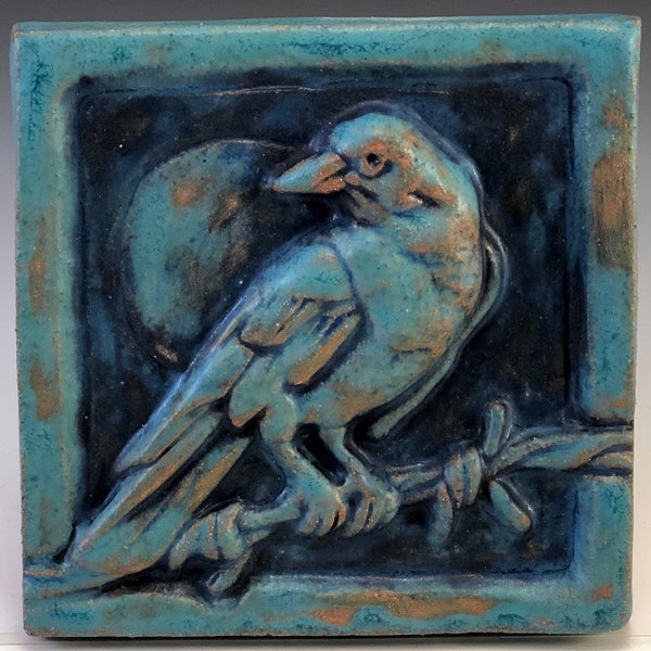 Raven Bird On A Wire Ceramic Wall Art Tile, Antique Turquoise, 4x4 Hand Made Old World Tile, This Tile Is Made To Order!