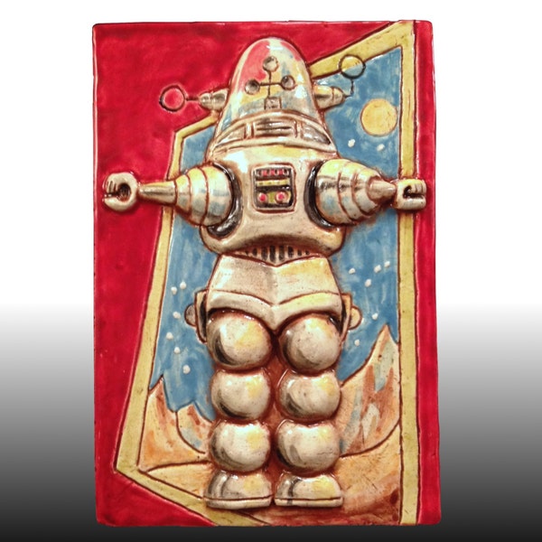 OUTER SPACE ROBOT Ceramic Art Tile, 1950s Science Fiction Toy Robot, Kitsch Wall Art