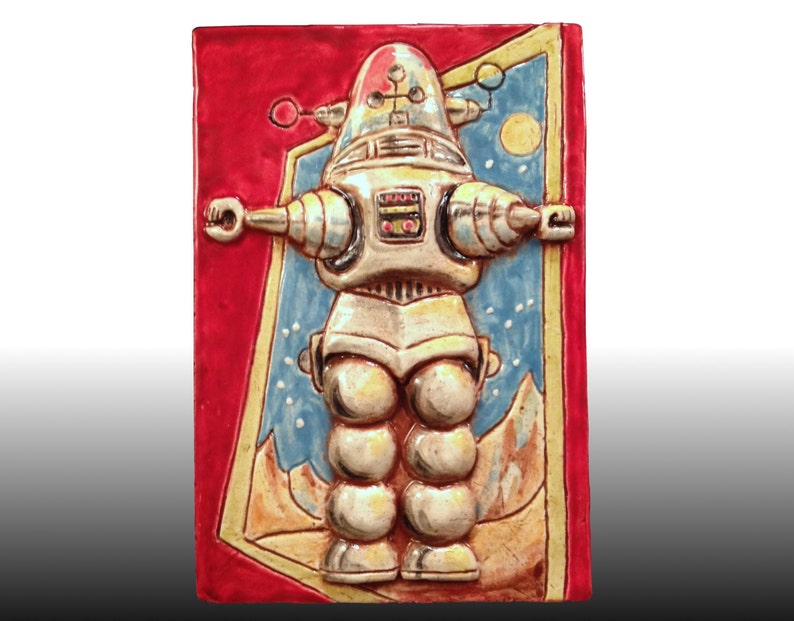 OUTER SPACE ROBOT Ceramic Art Tile, 1950s Science Fiction Toy Robot, Kitsch Wall Art image 1