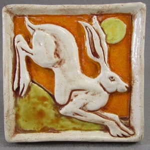 Leaping Hare Ceramic Art Tile Bright Orange, 4x4 Ceramic Tile, Wall Art, This Tile Is Made To Order image 1