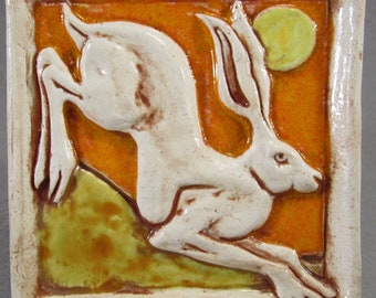 Handmade Leaping Hare Rabbit Ceramic Art Tile 4x4 Orange Wall Decor