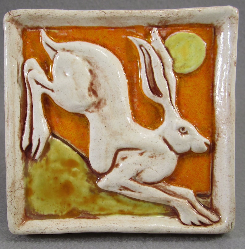 Leaping Hare Ceramic Art Tile Bright Orange, 4x4 Ceramic Tile, Wall Art, This Tile Is Made To Order image 1