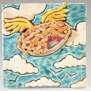 PIE IN The SKY Ceramic Art Tile, 4 x 4 Handmade Tile Wall Decor, Cherry Pie, This Tile Is Made To Order image 1