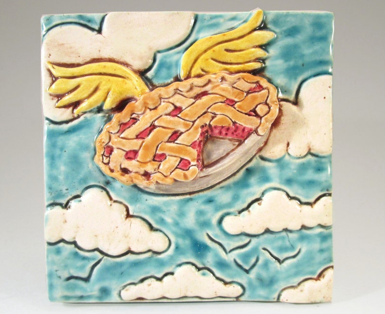 PIE IN The SKY Ceramic Art Tile, 4 x 4 Handmade Tile Wall Decor, Cherry Pie, This Tile Is Made To Order image 1