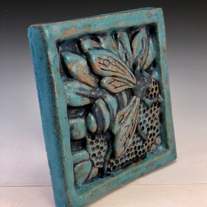 HONEY BEE Ceramic Wall Art Tile, Antique Turquoise, Ceramic Wall Art Plaque, 4x4 Handmade Old World Tile, This Tile Is Made To Order image 2