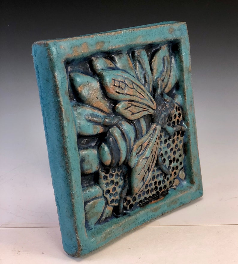 HONEY BEE Ceramic Wall Art Tile, Antique Turquoise, Ceramic Wall Art Plaque, 4x4 Handmade Old World Tile, This Tile Is Made To Order image 2