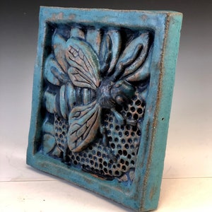 HONEY BEE Ceramic Wall Art Tile, Antique Turquoise, Ceramic Wall Art Plaque, 4x4 Handmade Old World Tile, This Tile Is Made To Order image 3