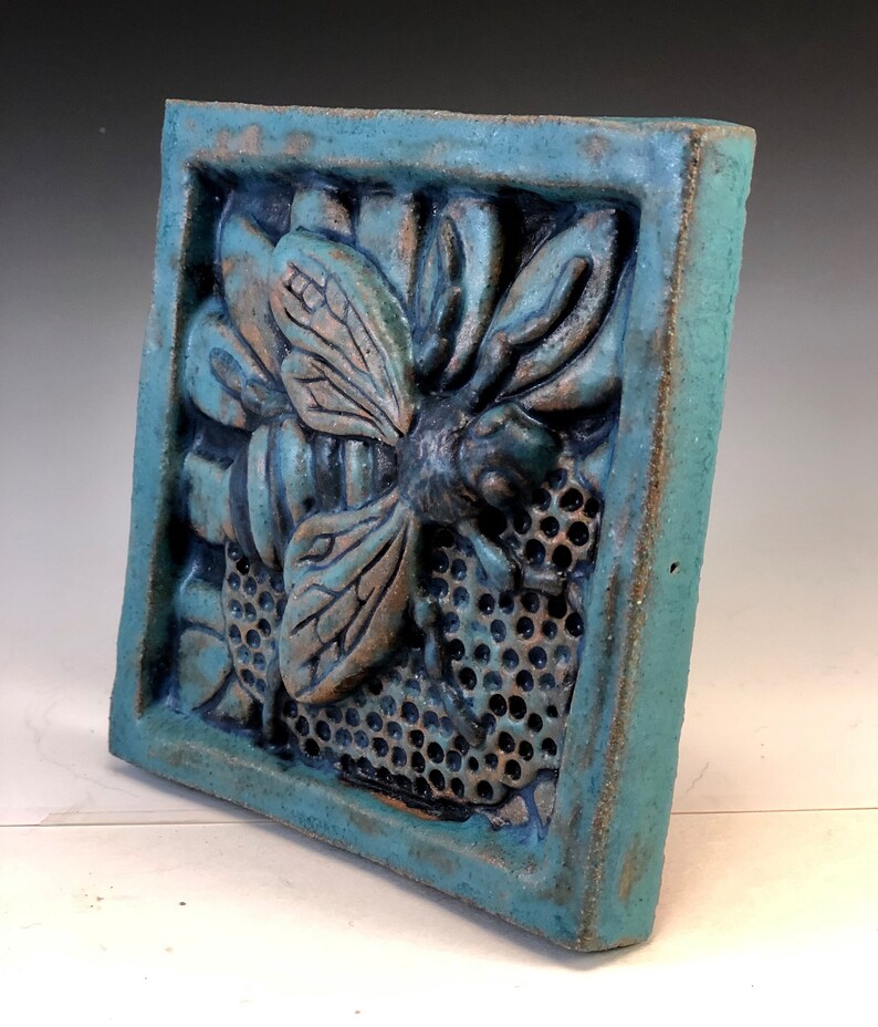 HONEY BEE Ceramic Wall Art Tile, Antique Turquoise, Ceramic Wall Art Plaque, 4x4 Handmade Old World Tile, This Tile Is Made To Order image 3