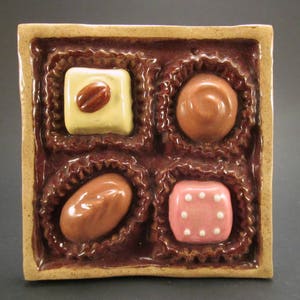 BOX OF CHOCOLATES, Ceramic Art Tile,  4x4 Handmade Decorative Wall Plaque, Candy Art