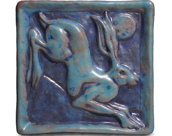 Ceramic Art Tile, Leaping Hare -  Deep Turquoise, 4x4 Handmade Tile, Rabbit, This Tile Is Made To Order!