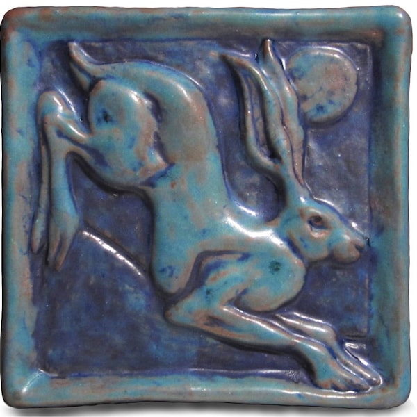 Leaping Hare Rabbit 4x4 Handmade Ceramic Art Tile, Antique Turquoise