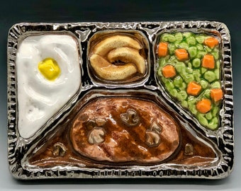 Retro TV Dinner Ceramic Art Tile, Salisbury Steak Handmade Tile, This Tile Is Made To Order!