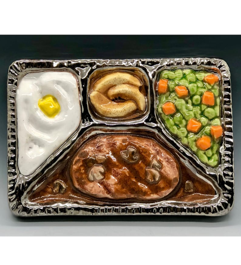 Retro TV Dinner Ceramic Art Tile, Salisbury Steak, Handmade image 1