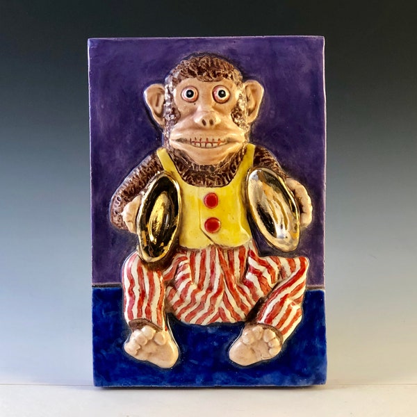 MONKEY PLAYING CYMBALS Art Tile, 4x6 Ceramic Wall Plaque, On Sale