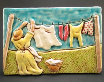 Retro LAUNDRY LINE 4 x 6 Ceramic Wall Art Tile, Vintage Clothes Line, Americana Folk Art, This Tile Is Made To Order!