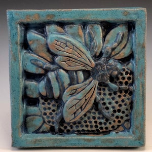 HONEY BEE Ceramic Wall Art Tile, Antique Turquoise, Ceramic Wall Art Plaque, 4x4 Handmade Old World Tile, This Tile Is Made To Order image 1