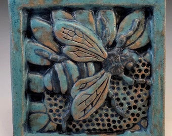 HONEY BEE Ceramic Wall Art Tile, Antique Turquoise, Ceramic Wall Art Plaque, 4x4 Handmade Old World Tile, This Tile Is Made To Order!