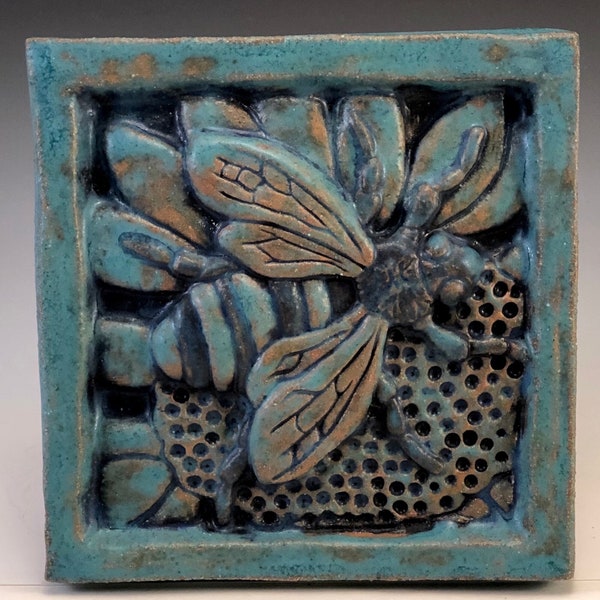 HONEY BEE Ceramic Wall Art Tile, Antique Turquoise, Ceramic Wall Art Plaque, 4x4 Handmade Old World Tile, This Tile Is Made To Order!