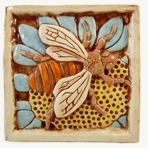 Bee on flower Ceramic Art Tile - Light Blue, 4 x 4 Handmade Ceramic Tile, Wall Art