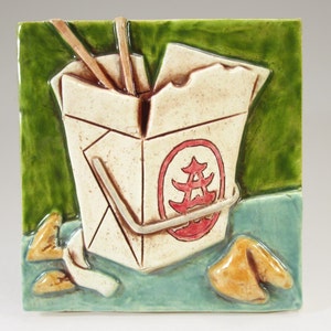 Kunstkeramikfliese, CHINESE TAKE-OUT - Grün, Wandkunst, 4x4 Keramikfliese