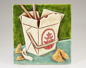 Ceramic Art Tile, CHINESE TAKE-OUT - Green, Wall Art, 4x4 Ceramic Tile