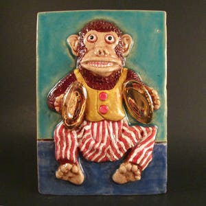 Retro MONKEY PLAYING CYMBALS Ceramic Wall Art Tile, Vintage Wind-Up Toys, 4 x 6 Handmade Tile, Ceramic Wall Art, This Tile Is Made To Order!