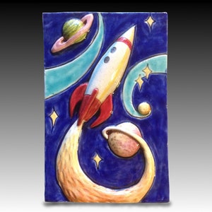 Ceramic Wall Art, Retro Rocket Ship, Outer Space Galaxy Art, Science Fiction Wall Tile, Wall Art Plaque,