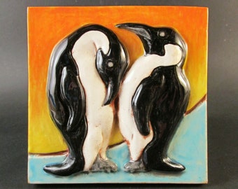 Ceramic Art Tile Penguins At Sunset, 4x4 Handmade Wall Plaque,