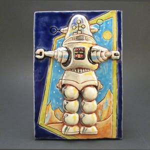 OUTER SPACE ROBOT Ceramic Art Tile, 1950s Science Fiction Toy Robot, Kitsch Wall Art image 2