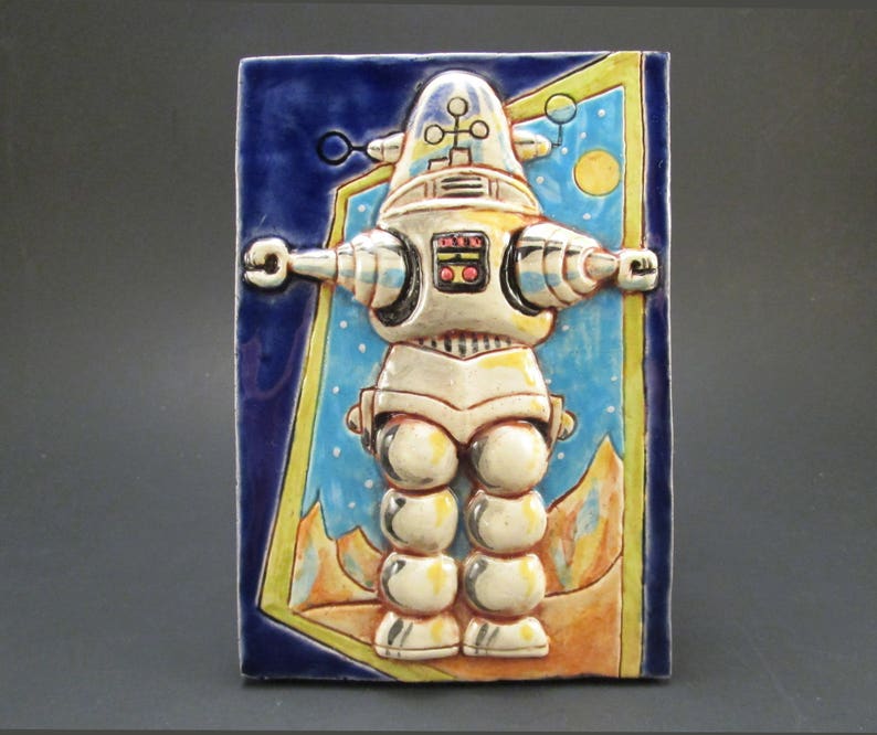 OUTER SPACE ROBOT Ceramic Art Tile, 1950s Science Fiction Toy Robot, Kitsch Wall Art image 2