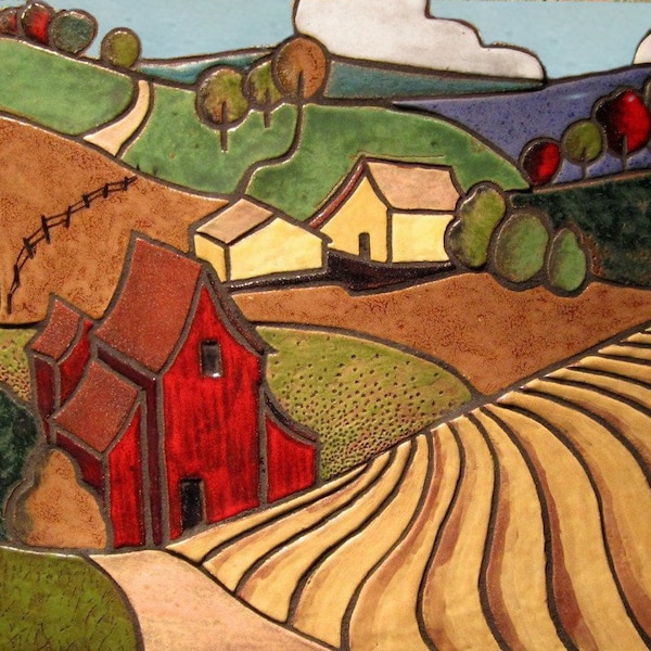 BUCKS COUNTY FARM Mosaic Art Tile, Hand Made Ceramic Wall Art , Custom Backsplash, Folk Art, Farm House Decor, This Tile Is Made To Order!