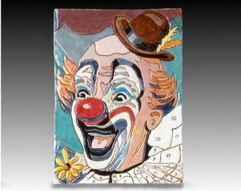 Handmade Ceramic Art Tile, PAINT-By-NUMBER CLOWN , 4 x 6 Ceramic Wall Art, Mid Century Americana Kitsch, Scary Clown