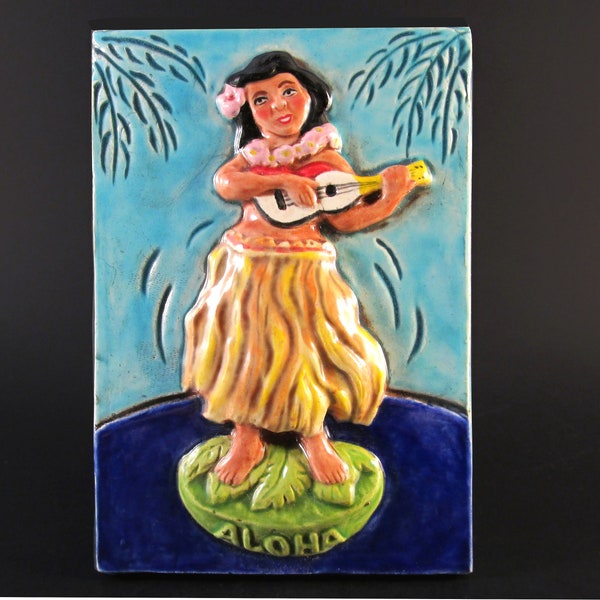 DASHBOARD HULA GIRL Ceramic Art Tile, 4 x 6 Wall Plaque, Americana Kitsch Decor, This Tile Is Made To Order!