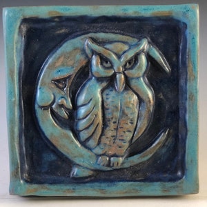 NIGHT OWL Ceramic Wall Art Tile, Antique Turquoise , 4x4  Ceramic Old World Tile, This Tile Is Made To Order!