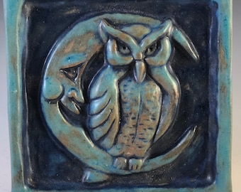 Night Owl Handmade Ceramic Tile: 4x4 Antique Turquoise Wall Art