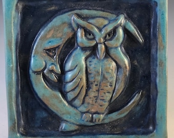 NIGHT OWL Ceramic Wall Art Tile, Antique Turquoise , 4x4  Ceramic Old World Tile, This Tile Is Made To Order!