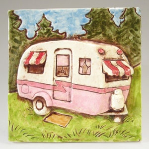 Ceramic Art Tile, Retro Trailer Camper, PINK, Ceramic Wall Art, 4x4 Handmade Tile, This Tile Is Made To Order!