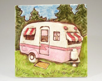 Ceramic Art Tile, Retro Trailer Camper, PINK, Ceramic Wall Art, 4x4 Handmade Tile, This Tile Is Made To Order!