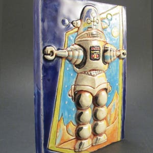OUTER SPACE ROBOT Ceramic Art Tile, 1950s Science Fiction Toy Robot, Kitsch Wall Art image 4