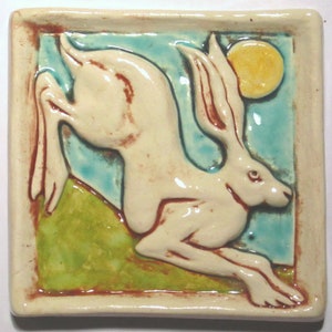 Leaping Hare Rabbit Ceramic Art Tile, White Multi, 4x4 Handmade
