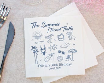 Personalized The Summer I turned Thirty Birthday Napkins, Custom Location Beach 30th Birthday Trip Napkins, Dirty 30 Birthday Party Decor