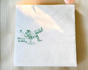Custom Dirty 30! Girl in Martini Glass Napkins, Personalized Dirty Thirty Birthday Napkins, Custom 30th Party Cocktail Paper Napkins
