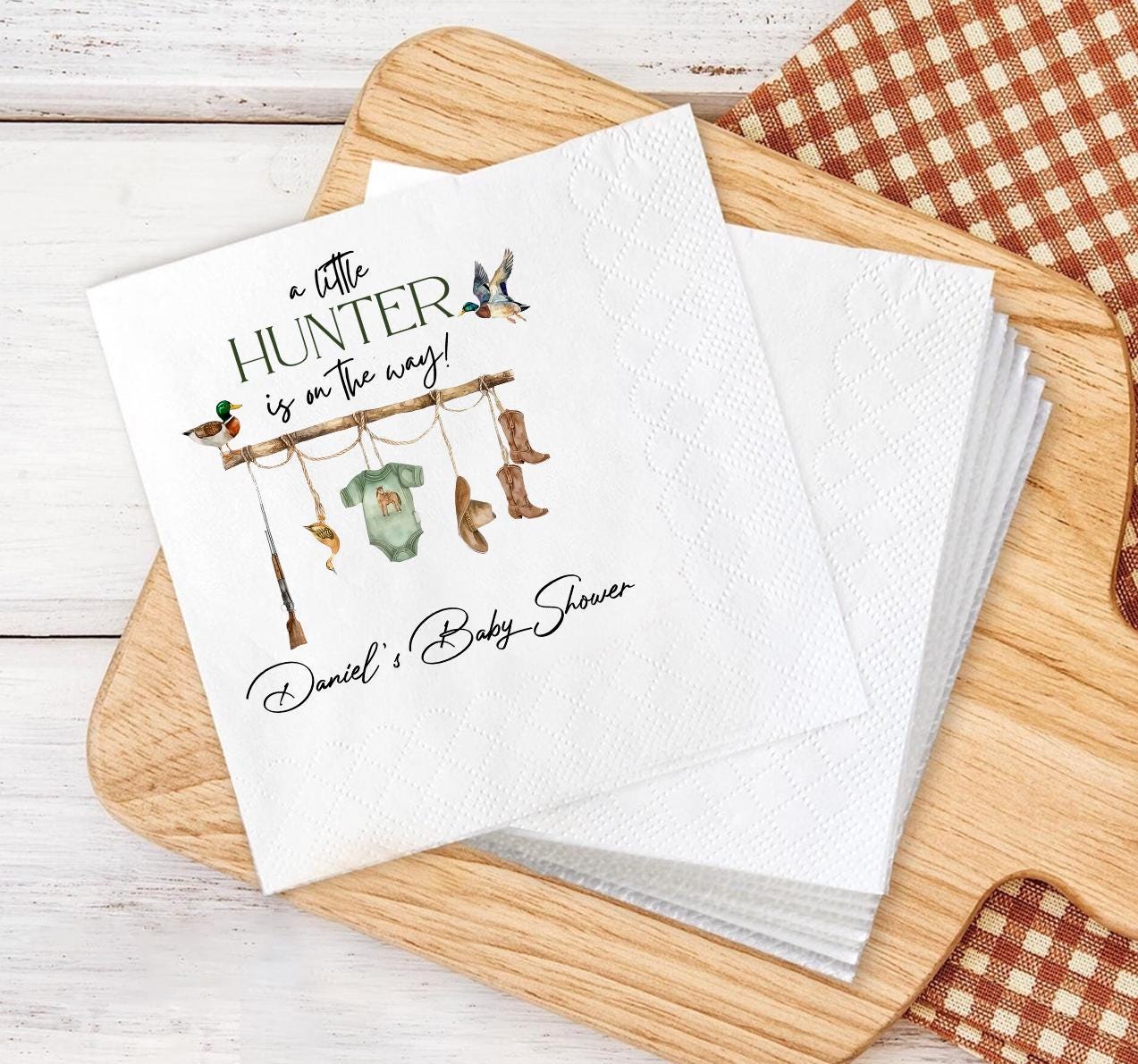 A Little Hunter Is On The Way Napkins, Personalized Baby Shower Napkins, Duck Hunting Baby Shower Napkins, Napkins For Party Table Decor