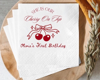 Cherry on Top Birthday Napkins, Custom 1st Birthday Party Decor, Cherry Coquette Birthday Napkins, Cherry Bow Cocktail Party Napkins