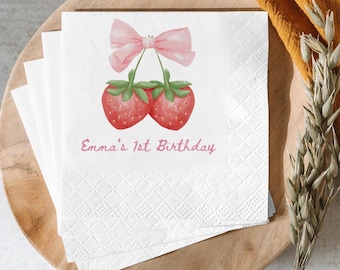 Berry First Birthday Napkins, Strawberry 1st Birthday Napkins Decor, Custom Birthday Party Napkins, Cocktail, Luncheon or Dinner Napkins