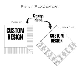 May include: Diagram illustrating print placement options for a custom design. The text "PRINT PLACEMENT" is at the top. Two options are shown: a square and a diamond shape, each with the text "CUSTOM DESIGN". Arrows indicate where the design is placed.