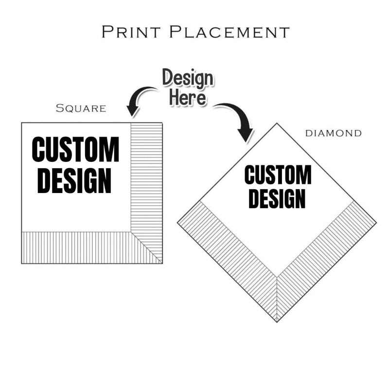 May include: Diagram illustrating print placement options for a custom design. The text "PRINT PLACEMENT" is at the top. Two options are shown: a square and a diamond shape, each with the text "CUSTOM DESIGN". Arrows indicate where the design is placed.