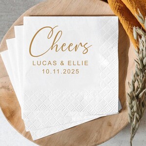 Custom Cheers Cocktail Napkins, Personalized Gold Foil Wedding Napkins, Bridal Shower Napkins, Engagement Party Napkins, Rehearsal Napkins